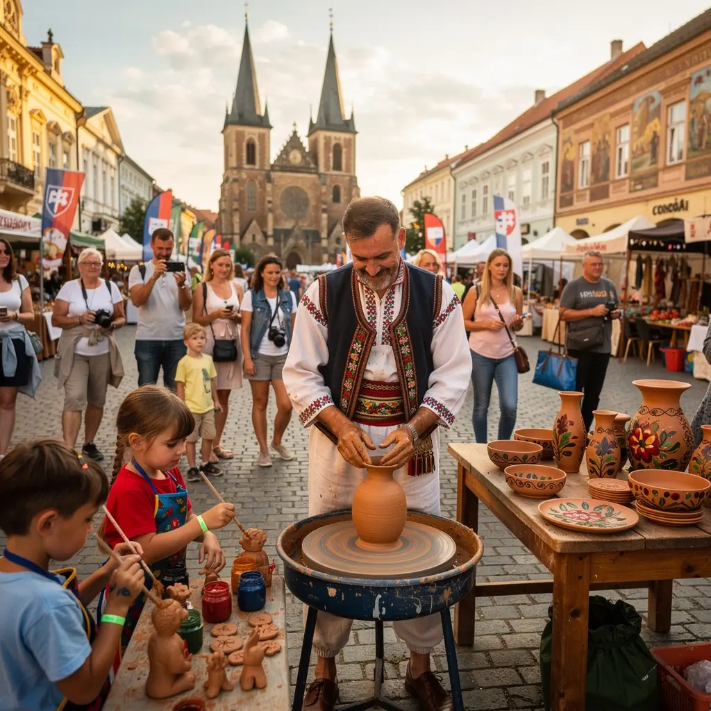 Tourists admiring ancient artifacts in a well-lit Slovak museum gallery.